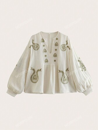 Floral Embroidery Lantern Sleeve Peplum Blouse,Long Sleeve Tops