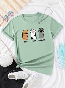 Sparklyn Tween Girl Mint Green Round Neck Cat Paw Print Graphic Tee, Flattering Suitable For School, Commute, Hangout With Friends, Dates, Ins Style Summer Holiday - Green - View 1