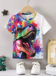 SHEIN Young Boy Dinosaur Printed Round Neck Short Sleeve T-Shirt - Multicolor - View 1