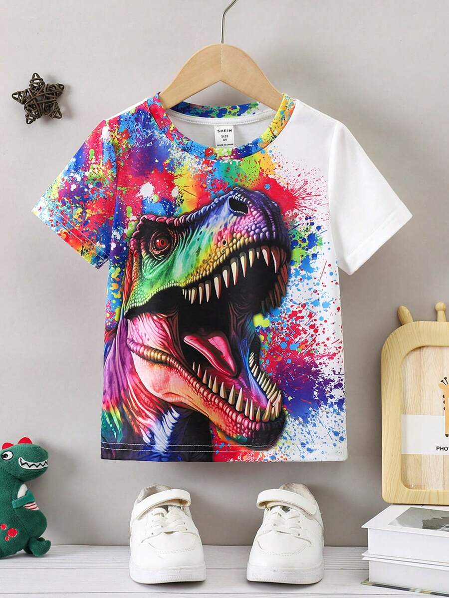 SHEIN Young Boy Dinosaur Printed Round Neck Short Sleeve T-Shirt - Multicolor - View 1