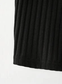 SHEIN Teen Girl Knitted Solid Color Open Shoulder Casual Short Sleeve T-Shirt - Black - View 8