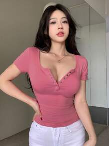 Dazy Star 女款半扣方领短袖修身T恤、短款上衣 - 粉色 - 查看 5