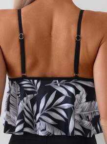 SHEIN Swim Conjunto Tankini de verano con parte superior tipo cami con dobladillo Hanky y estampado de plantas al azar y short de baño lateral con cordón para la playa