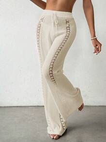 SHEIN Swim Summer Beach Solid Color Hollow Out Knitted Flared Cover Up Pants