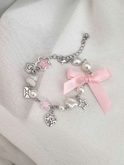 Kawaii 1pc Fashionable Sweet & Simple Star, Strawberry, Bowknot, Crystal And Faux Pearl Decor Chain Bracelet Valentines,Mom,Mother,Mother's Day,Gift