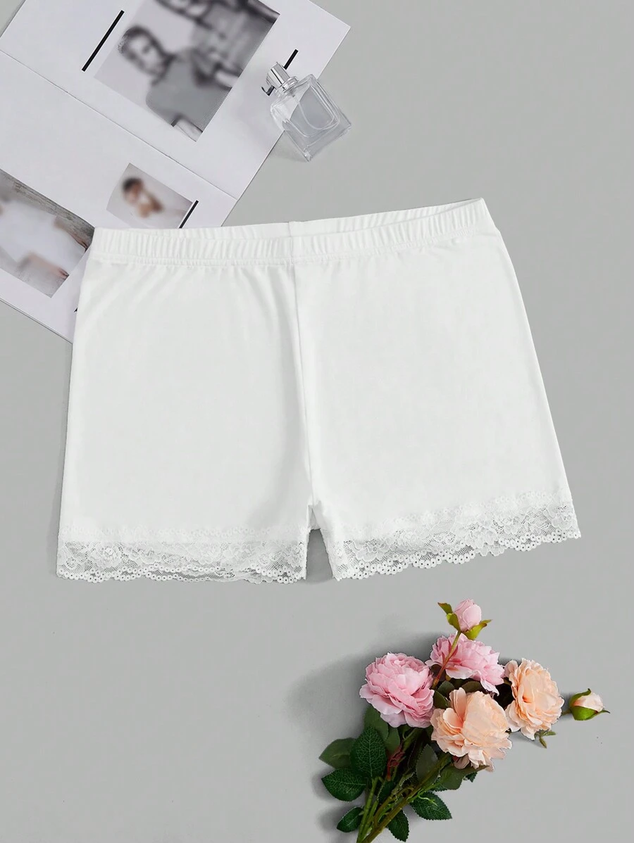 SHEIN EZwear Pantalones Cortos De Capa Base De Encaje De Talla Grande Para Mujer, De Color Sólido Y Con Parches - Blanco - Ver 1