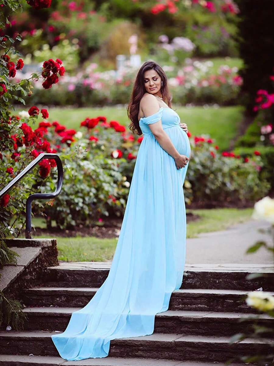 Maternity Chiffon V-Neck Front Slit Flowy Dress For Photoshoot - Baby Blue - View 1