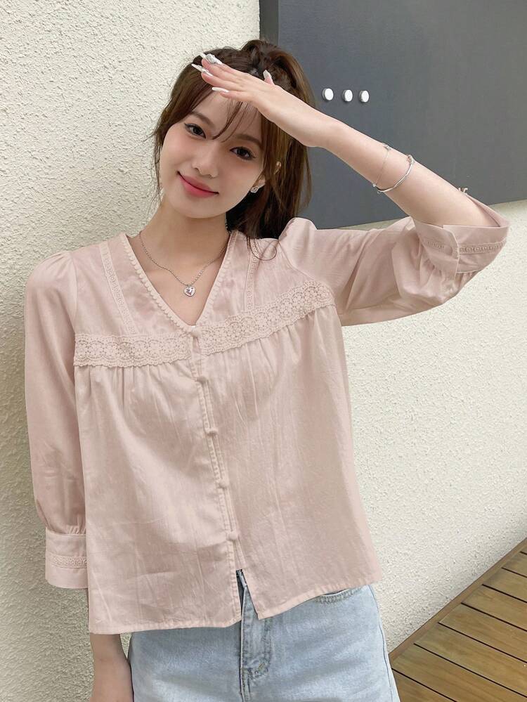 Loose Fit Lace Patchwork V-Neck Casual Shirt Summer
