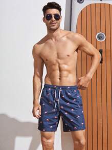 Manfinity Swimmode Pantalones de baño con cordón en la cintura con estampado de flamencos para hombre, estilo hawaiano