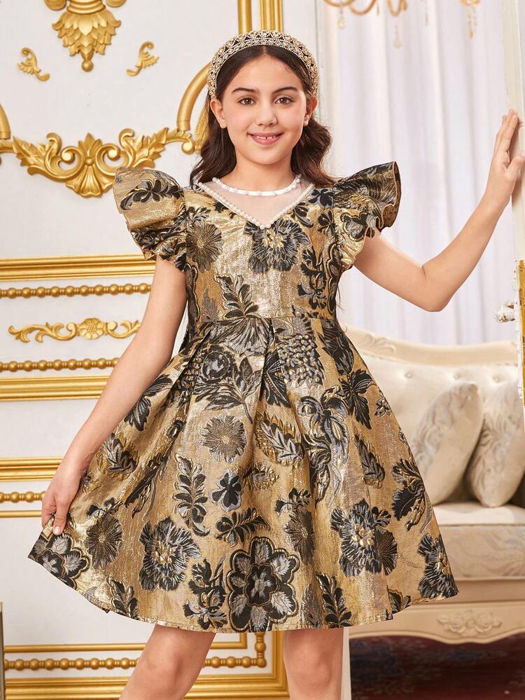 Tween Girls' Floral Jacquard Round Neck Midi Dress With Pearl Embellishment And Cap Sleeves