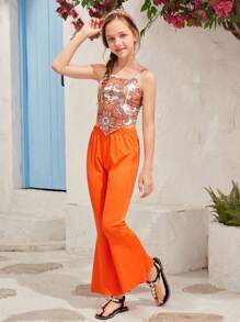 SHEIN Tween Girl Paisley Print Cami Top And Bell-Bottoms Vacation Two Pieces Set - Orange - View 3