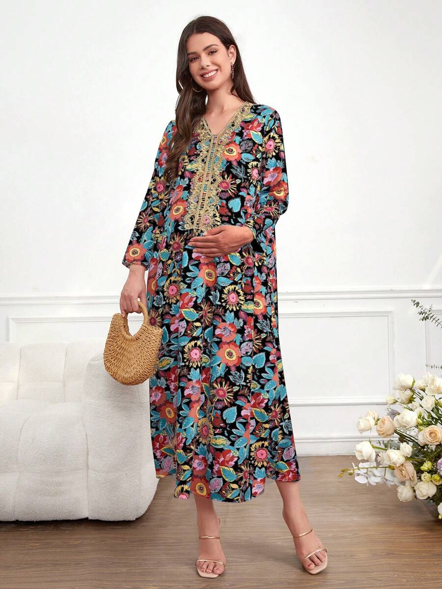 SHEIN Floral Patchwork Maternity Dress With V-Neck And Lantern Sleeves - Black - View 1
