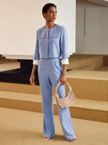 MOTF PREMIUM LINEN CONTRAST CUFF BUTTON PLACKET JACKET - Blue - View 7