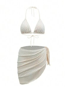 SHEIN Swim Conjunto de bikini de 3 piezas con textura y cuello de halter para mujer de verano - Beis - Ver 7