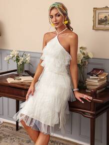GENKIRA Solid Color Mesh Ruffle Halterneck Dress - Beige - View 7