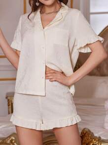 Embroidery Pearl Button Short Sleeves Top And Shorts Pajama Set - Apricot - View 6