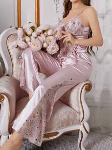 SilkySpell Two-Piece Lace Trimmed Color Blocking Cami Top And Shorts Pajama Set For Women With Drawstring Design For Side Lines - Pink - View 7