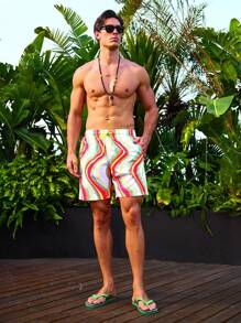 Manfinity Men's Wave And Stripe Patterned Beach Vacation Shorts