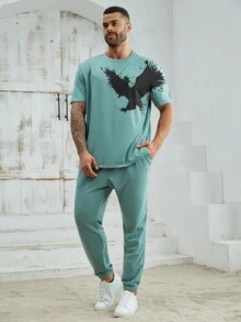 Manfinity Homme Große Größen 2-teiliges Set aus gestricktem, lässigem Kurzarm-T-Shirt und Jogginghose