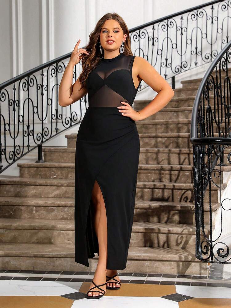 Plus Size Mesh Contrast Side Slit Sleeveless Dress