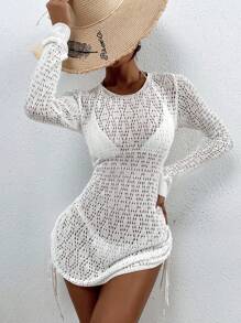 SHEIN Swim Ladies' Hollow Out Solid Color Cover Up,Summer Beach - White - View 5