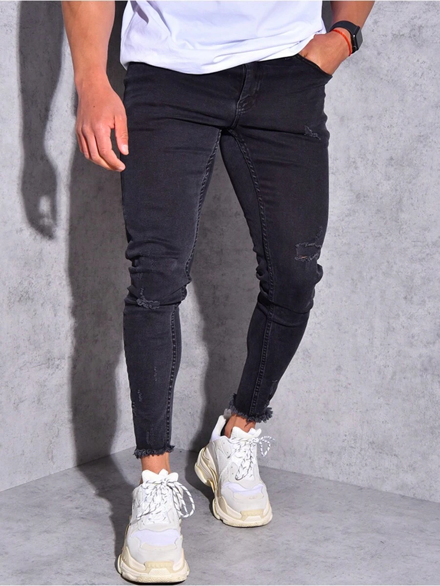 Men's Frayed Edge Slim-Fit Cropped Jeans - Black - View 1