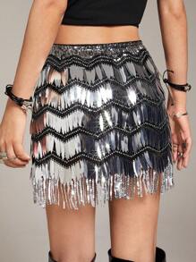 SHEINNeu Women's Patchwork Sequined Fringe Hem Skirt - Silver - View 2