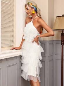 GENKIRA Solid Color Mesh Ruffle Halterneck Dress - Beige - View 8