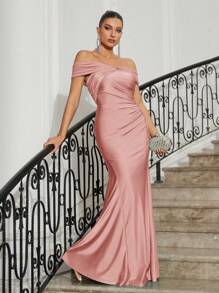 SHEIN Belle 女士正式晚礼服（厚重工艺）扭纹设计，美人鱼下摆露肩正式舞会礼服，优雅舞会婚礼宾客礼服，毕业典礼、晚宴派对礼服 - 粉色 - 查看 1