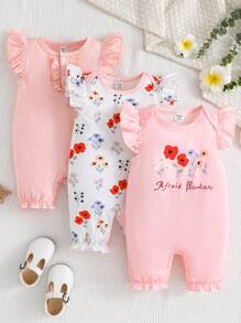 SHEIN Vintaside Kids 3入組可愛的花卉圖案蝴蝶袖爬服，適合夏季的寶寶女孩 - 粉色 - 查看 1