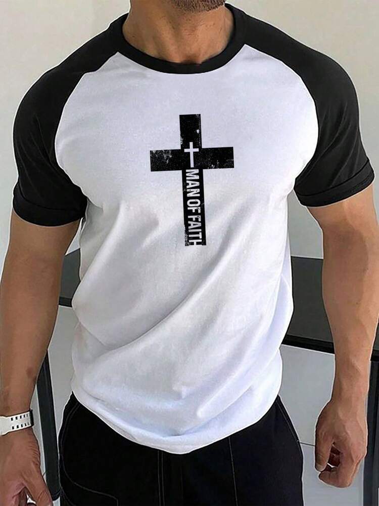 Manfinity LEGND Nam Đen Và Trắng Khối màu Vượt qua In Tay Raglan Áo thun - Đen và trắng - Xem 2