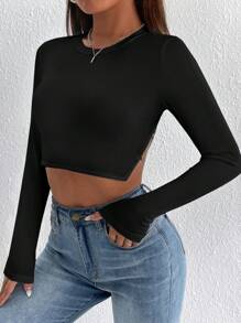 SHEIN PETITE Diamond Chain Decorated Long Sleeve Cropped T-Shirt With Open Back - Black - View 4