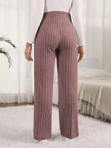 SHEIN 孕婦休閒純色高腰直筒褲,有垂直褶紋細節 - 粉色 - View 2