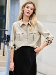 BizChic Quý cô Tay áo dài Trang phục làm việc Phong cách Áo sơ mi Cái đó Có thể Cuộn lên , Thích hợp Đối với Ngoài trời Làm việc - Màu Khaki - Xem 2