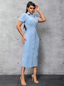 SHEIN SXY 女性淺藍色洗水牛仔襯衫連衣裙 - 淺色水洗藍 - 查看 3