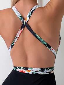 SHEIN Swim Women's Vacation Style Deep V-Neck Floral Pattern Halter One-Piece Swimsuit Summer - Multicolor - View 3