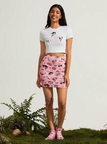 SHEIN Earth Day Fanverse Picks Cartoon And Letter Graphic Crop Tee & Bodycon Pink Skirt Set - White - View 5