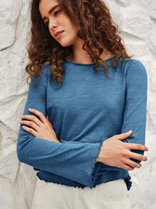 Bohemela Women's Solid Color Round Neck Bell Sleeves T-Shirt With Ruffle Hem