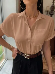 Serisse Minimalist & Fashionable Fruit Cherry Printed Blouse With Pocket And Single Breasted For Work/Leisure Commute Minimalist Office Old Money Simple,Short Sleeve Tops Brown Summer Casual