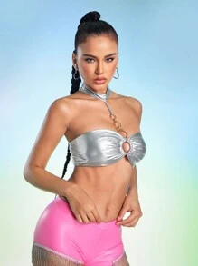 RAVE SCENE Designer O Ring Chain Detail Halter Top, For Women, For Summer, Holiday, Going Out, Festival - Silver - View 6