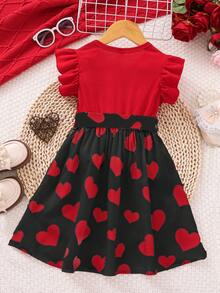 SHEIN Vestido corto de manga corta con volantes en color rojo y negro en bloque para niña joven con escote estilo corazón - Rojo y negro - Ver 2
