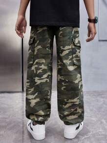 SHEIN Calça Denim Cargo de Algodão para Menino Adolescente, em modelo folgado de perna reta com padrão camuflado, para Roupas de Meninos Adolescentes de Primavera e Verão
