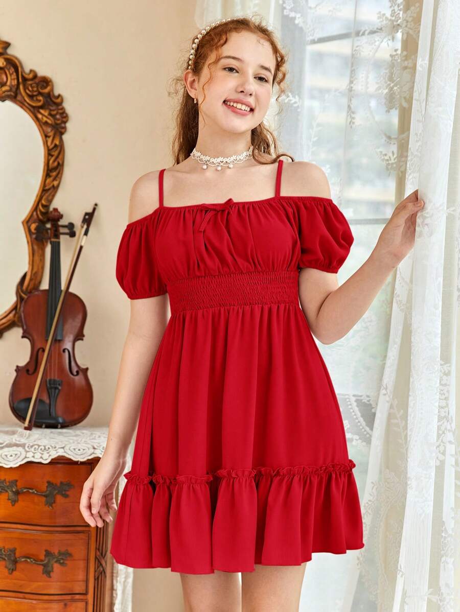 SHEIN Teen Girl Woven Ruffle Waist Cold Shoulder Dress - Red - View 1