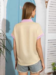 Teen Girls' Personalized Patchwork Multicolor Striped Short Sleeve Shirt, Playful & Fashionable For Daily Wear - Multicolor - View 2