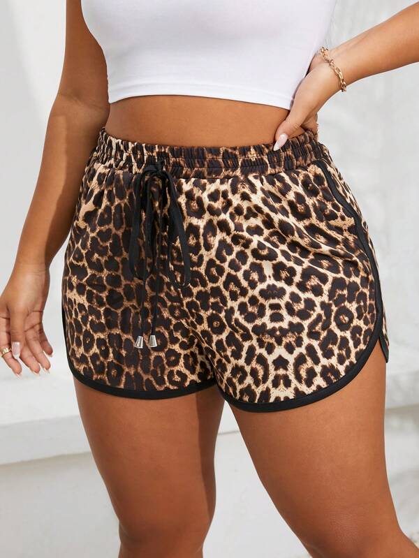 SHEIN EZwear Pantalones Cortos De Playa Y Pantalones Cortos Casuales Con Cordón Y Estampado De Leopardo De Moda De Talla Grande Para Mujeres En Verano