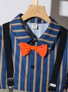 SHEIN Tween Boy Striped Bow Tie Shirt And Suspender Shorts Gentleman 2pcs Outfit