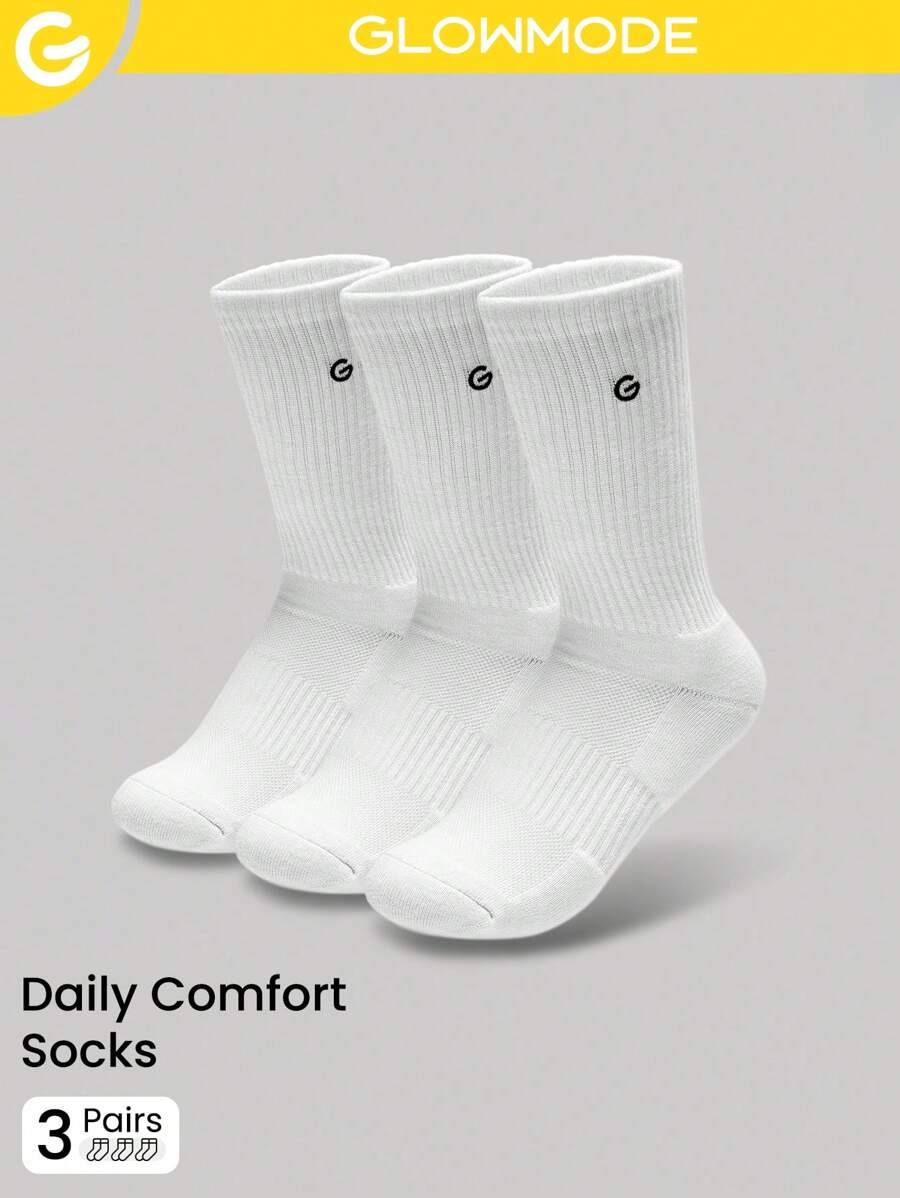 GLOWMODE 3 Pairs Cotton Socks Soft Ventilated Mesh With Embroidered Logo Workout Daily Casual - White - View 1