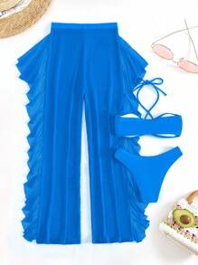 SHEIN Swim Summer Beach Women's Solid Color Cross Halter Strap Separated Bikini Set, Steel-Free, 3pcs/Set