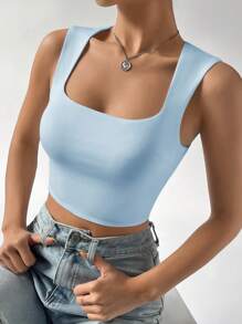 SHEIN EZwear Balletcore Chất rắn Mùa vụ Trắng Áo ba lỗ - Màu xanh nhạt - Xem 7