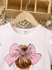 SHEIN Young Girl Cartoon Print Flutter Sleeve Top + Polka Dot Print Shorts + Belted 2pcs/Set, Fashionable And Adorable For Spring/Summer